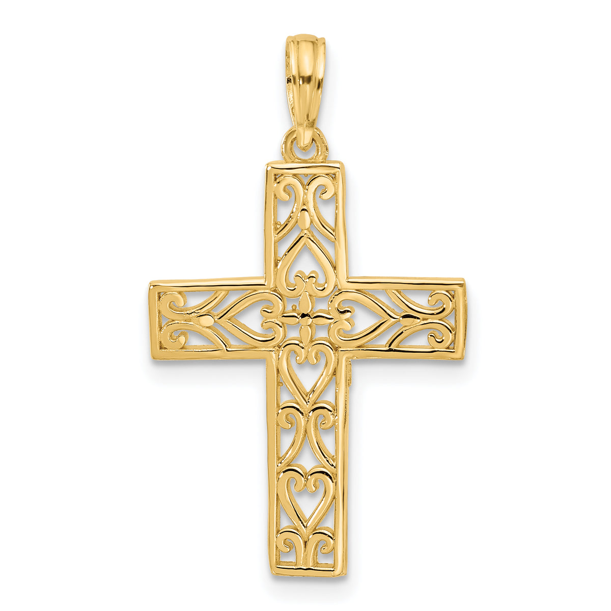 Fancy Hearts Cross Charm in 14K Yellow Gold, 31mm Textured - Sophia Jewelers Main image