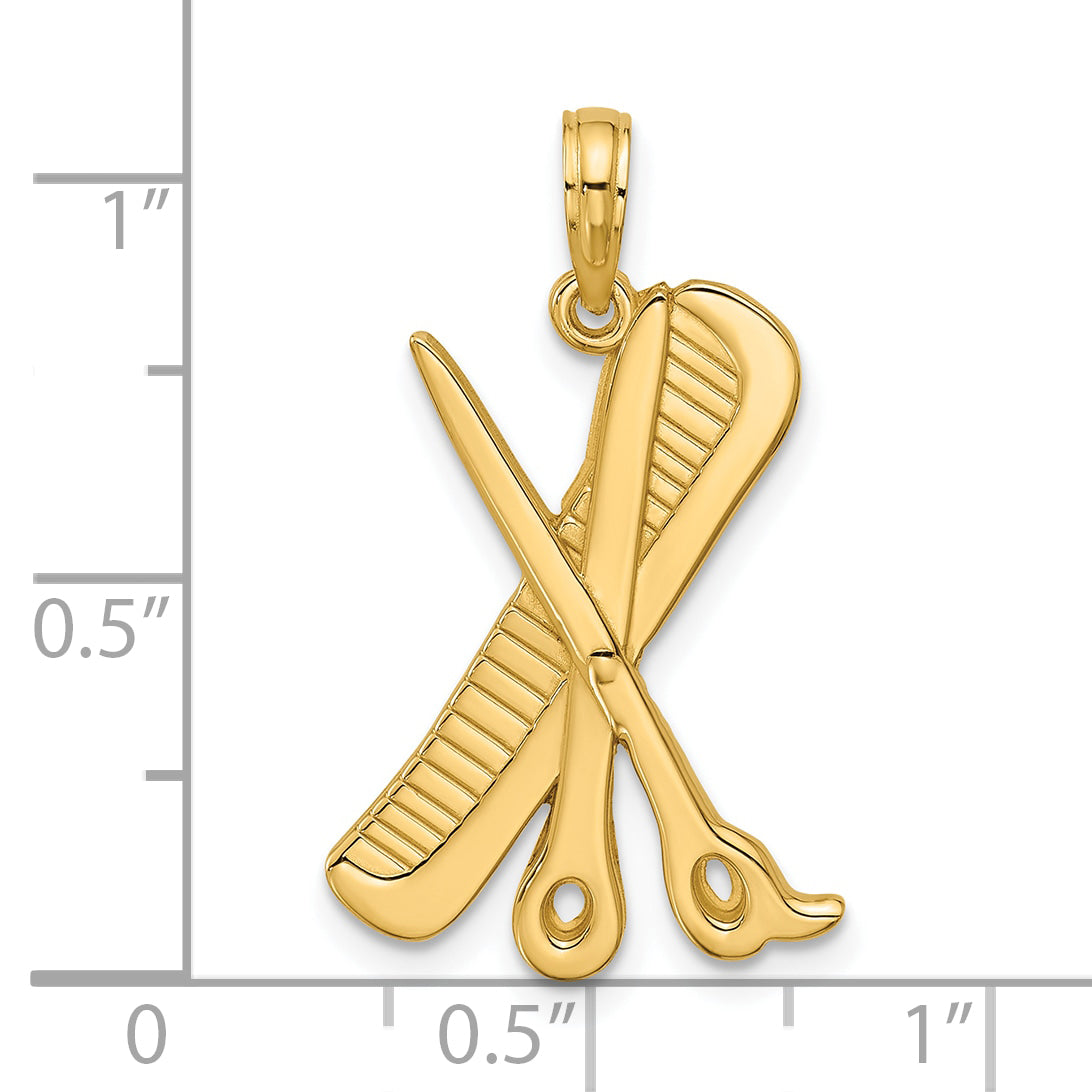 14K Polished Textured Scissor and Comb Pendant