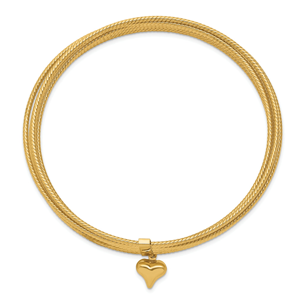 14K Oversize Polished and Textured with Dangle Heart 7-Strand 11.00mm Slip-on Round Bangle Bracelet