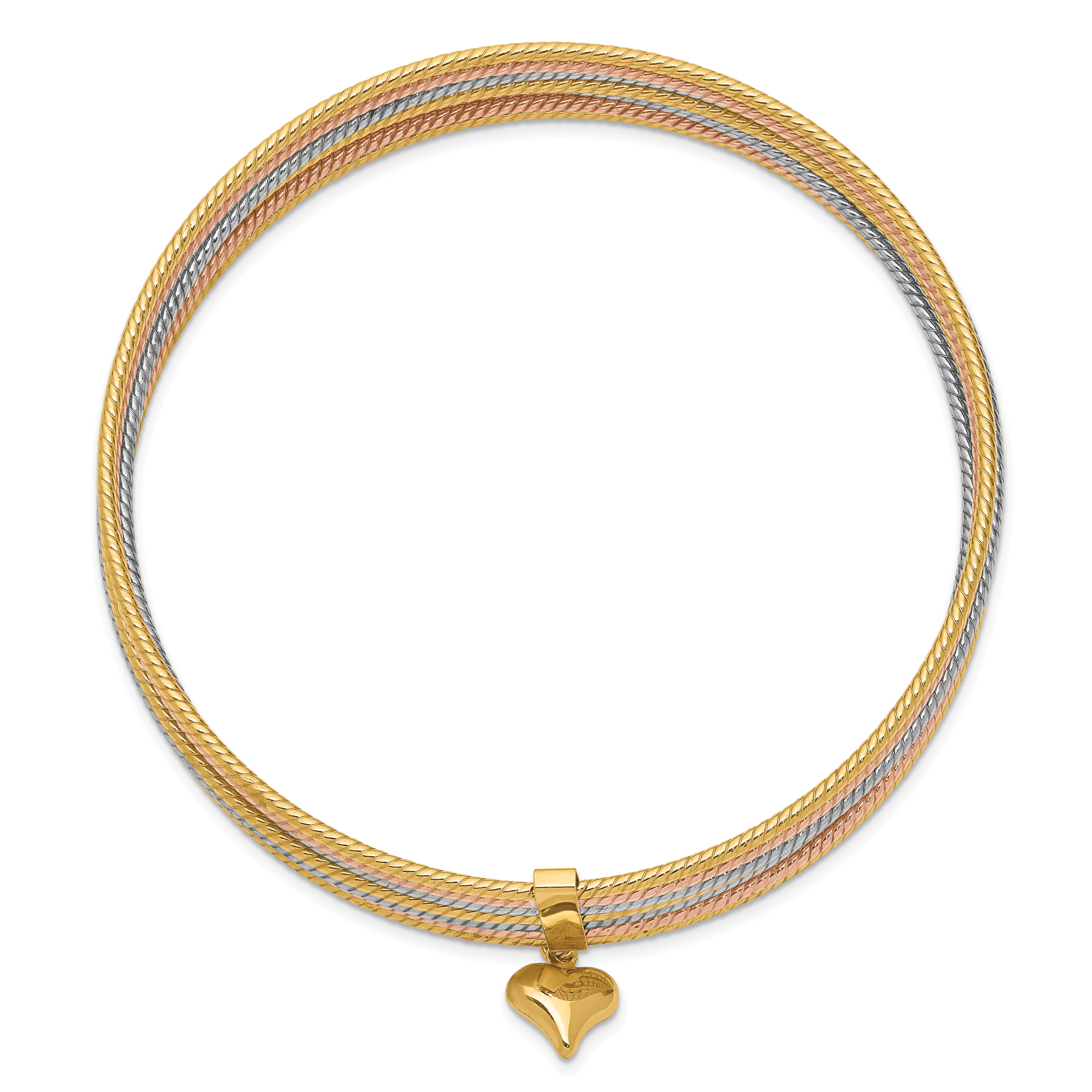 14K Oversize Tri-color Polished and Textured with Dangle Heart 7-Strand 11.00mm Slip-on Round Bangle Bracelet