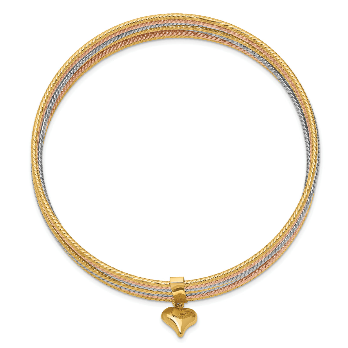 14K Tri-color Polished and Textured with Dangle Heart 7-Strand 11.00mm Slip-on Round Bangle Bracelet