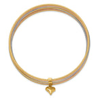 14K Tri-color Polished and Textured with Dangle Heart 7-Strand 11.00mm Slip-on Round Bangle Bracelet
