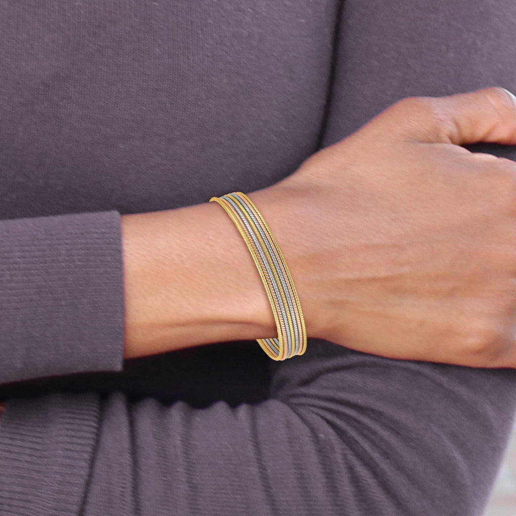 14K Tri-color Polished and Textured with Dangle Heart 7-Strand 11.00mm Slip-on Round Bangle Bracelet - Sophia Jewelers