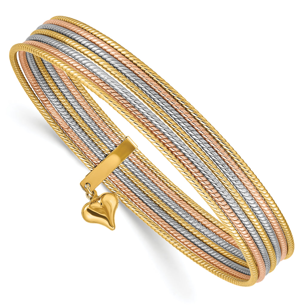 14K Tri-color Polished and Textured with Dangle Heart 7-Strand 11.00mm Slip-on Round Bangle Bracelet