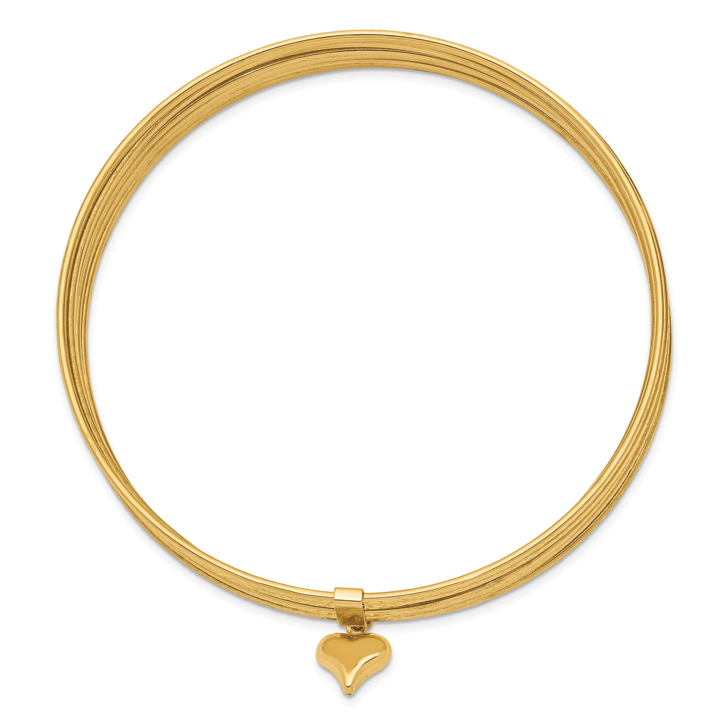 14K Polished and Textured with Dangle Heart 7-Strand 11.00mm Slip-on Round Bangle Bracelet