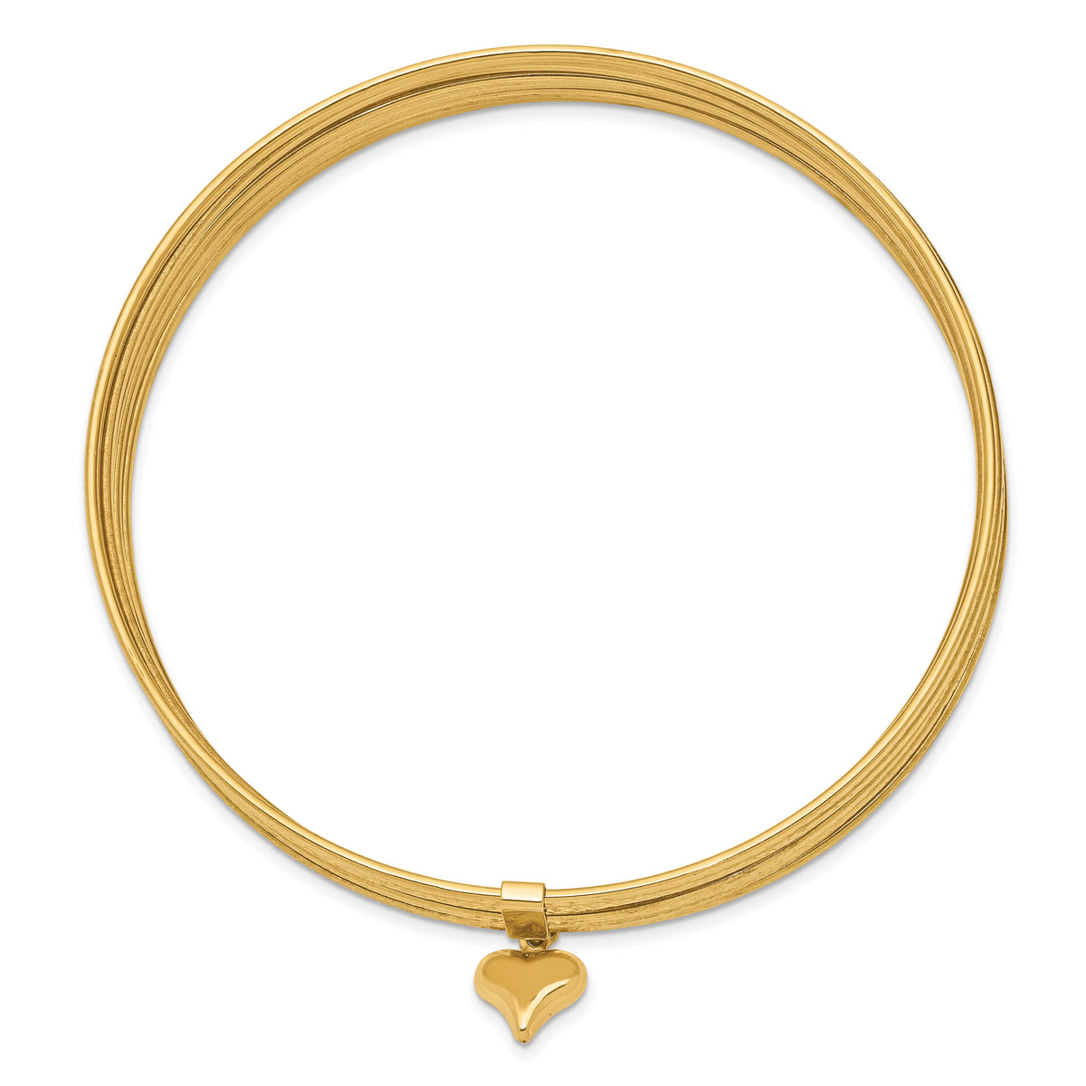 14K Polished and Textured with Dangle Heart 7-Strand 11.00mm Slip-on Round Bangle Bracelet