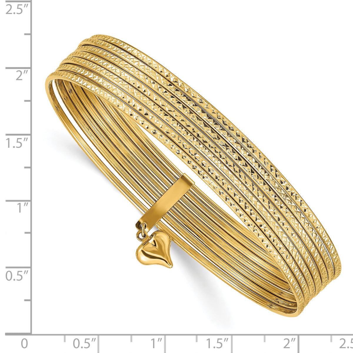 14K Polished and Textured with Dangle Heart 7-Strand 11.00mm Slip-on Round Bangle Bracelet