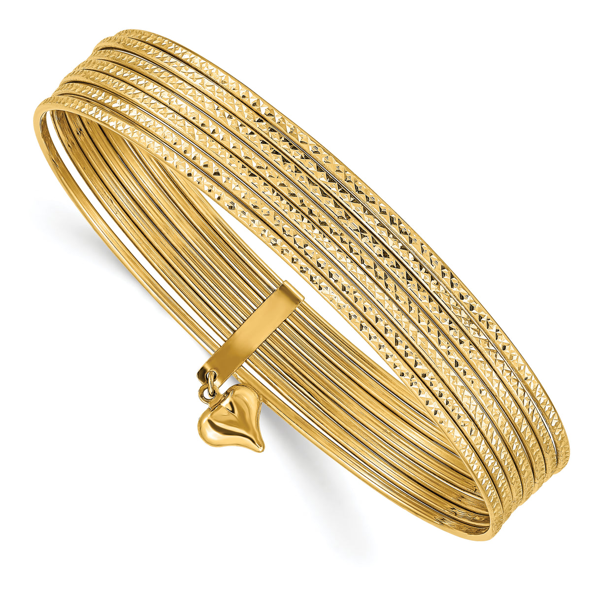 14K Oversize Polished and Textured with Dangle Heart 7-Strand 11.00mm Slip-on Round Bangle Bracelet