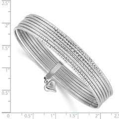14K White Gold Polished and Textured with Dangle Heart 7-Strand 11.00mm Slip-on Round Bangle Bracelet