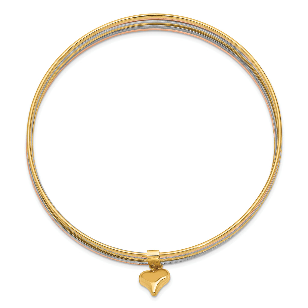 14K Oversize Tri-color Polished and Textured with Dangle Heart 7-Strand 11.00mm Slip-on Round Bangle Bracelet