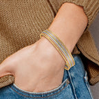 14K Oversize Tri-color Polished and Textured with Dangle Heart 7-Strand 11.00mm Slip-on Round Bangle Bracelet