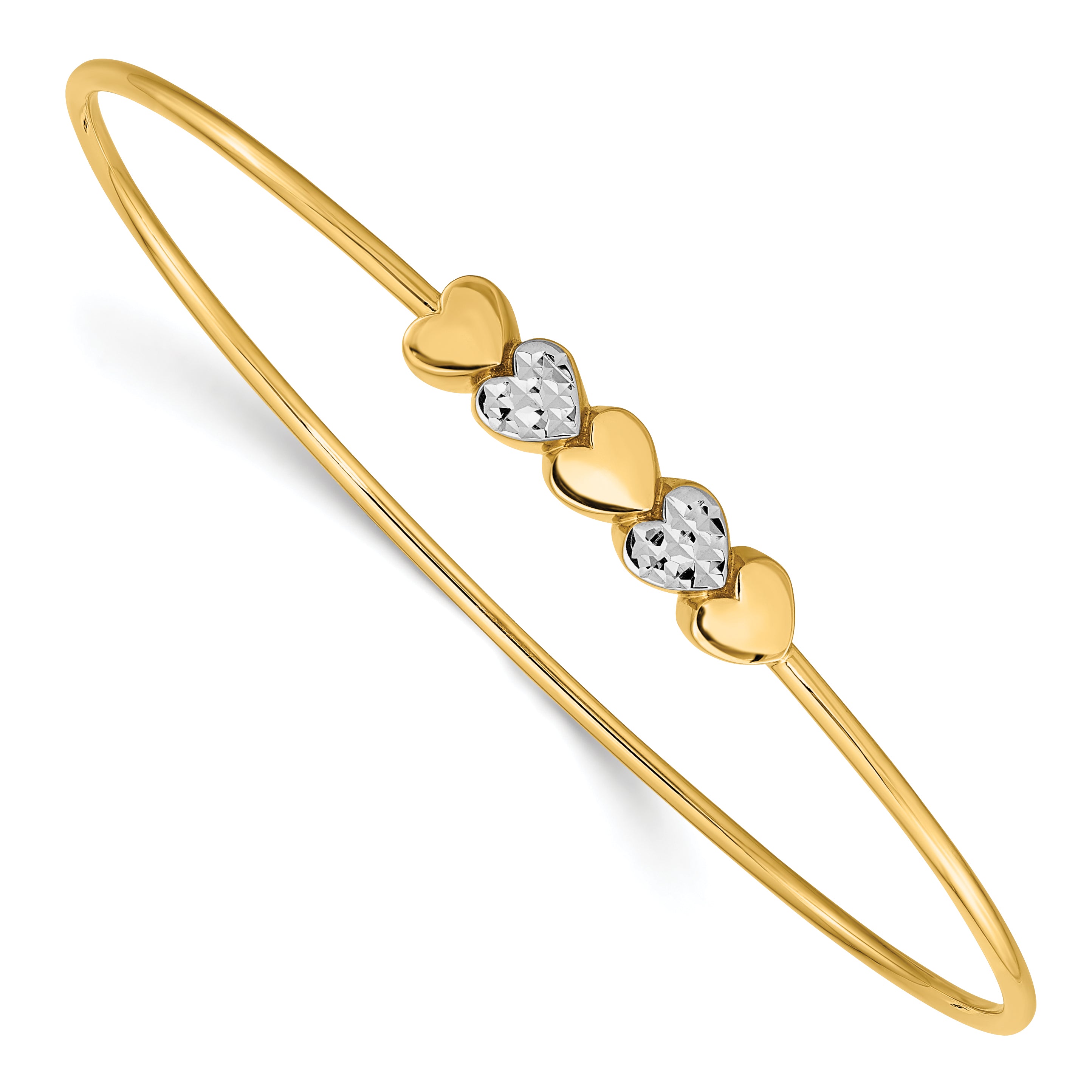 14K and White Rhodium-Platedodium Polished Diamond-cut Hearts 1.50mm Slip-on Round Bangle Bracelet