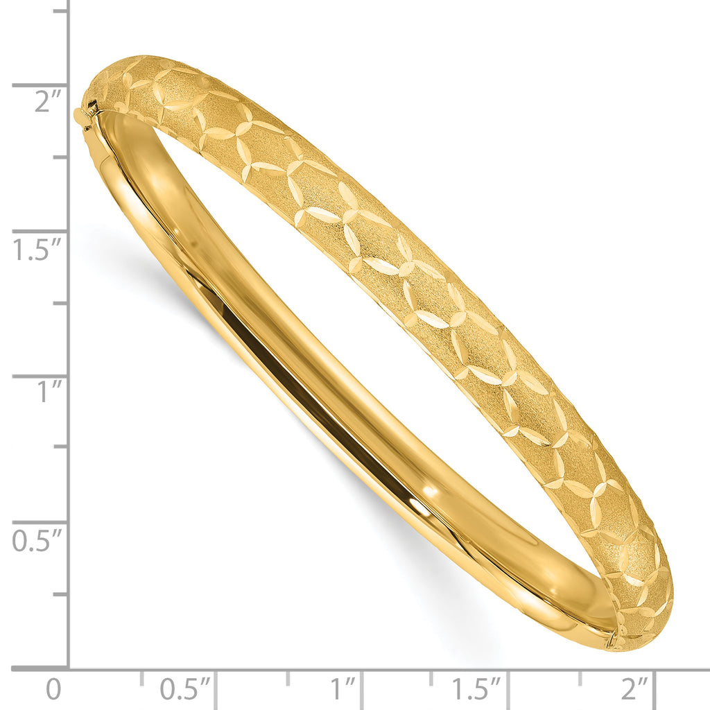 14k Satin Diamond-cut 6.20mm Hinged Round Bangle Bracelet