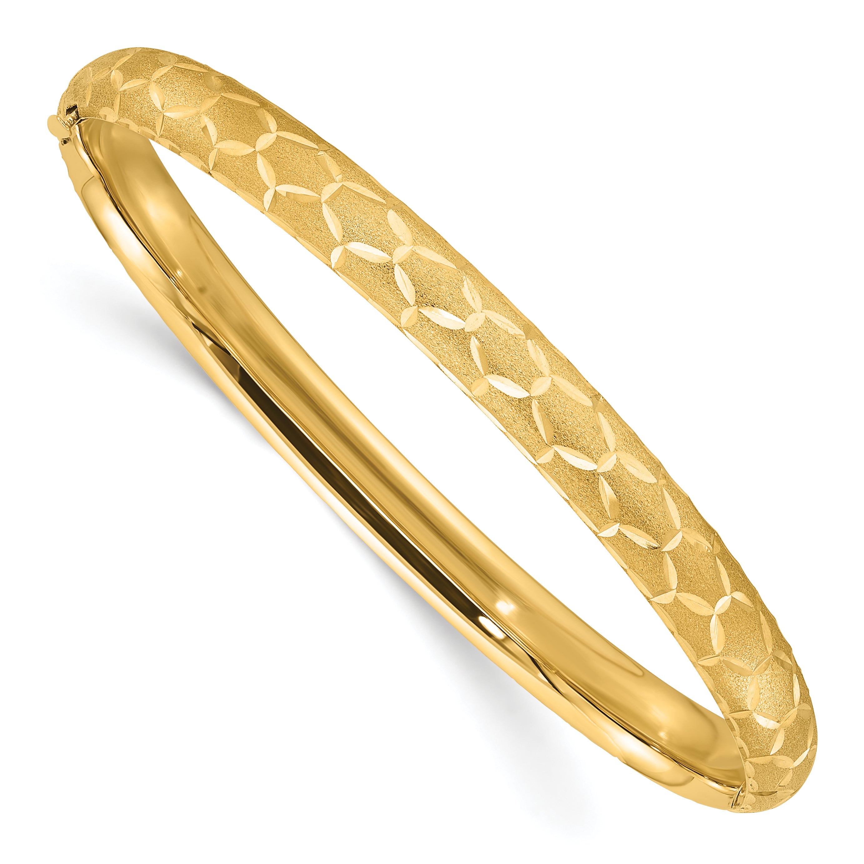 14k Satin Diamond-cut 6.20mm Hinged Round Bangle Bracelet