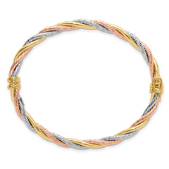 14K Tri-color Polished and Textured 4.30mm Twisted Hinged Oval Bangle Bracelet