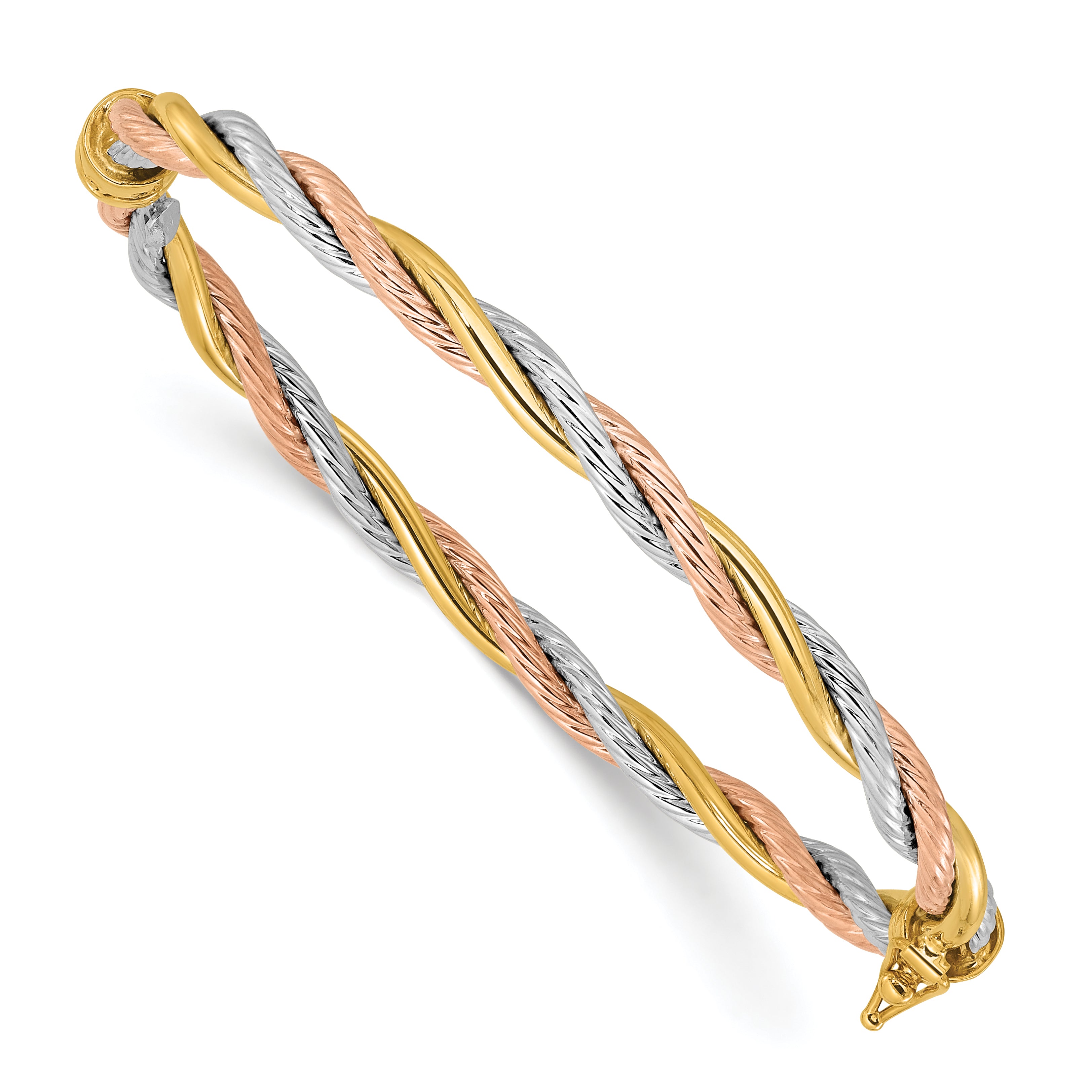 14K Tri-color Polished and Textured 4.30mm Twisted Hinged Oval Bangle Bracelet