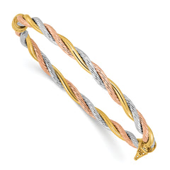 14K Tri-color Polished and Textured 4.30mm Twisted Hinged Oval Bangle Bracelet