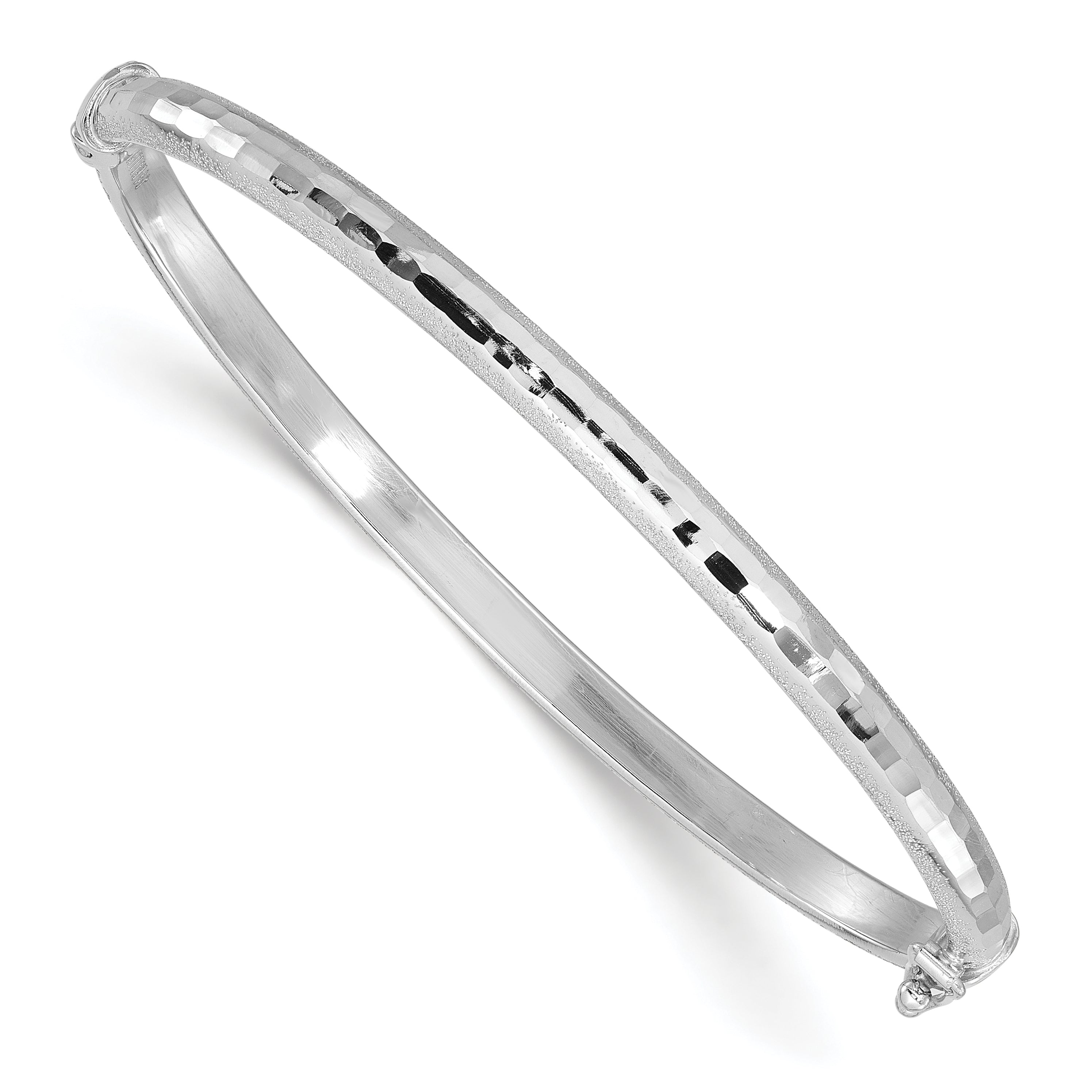 14K White Gold Diamond-cut and Laser-cut 4.10mm Hinged Oval Bangle Bracelet Main image