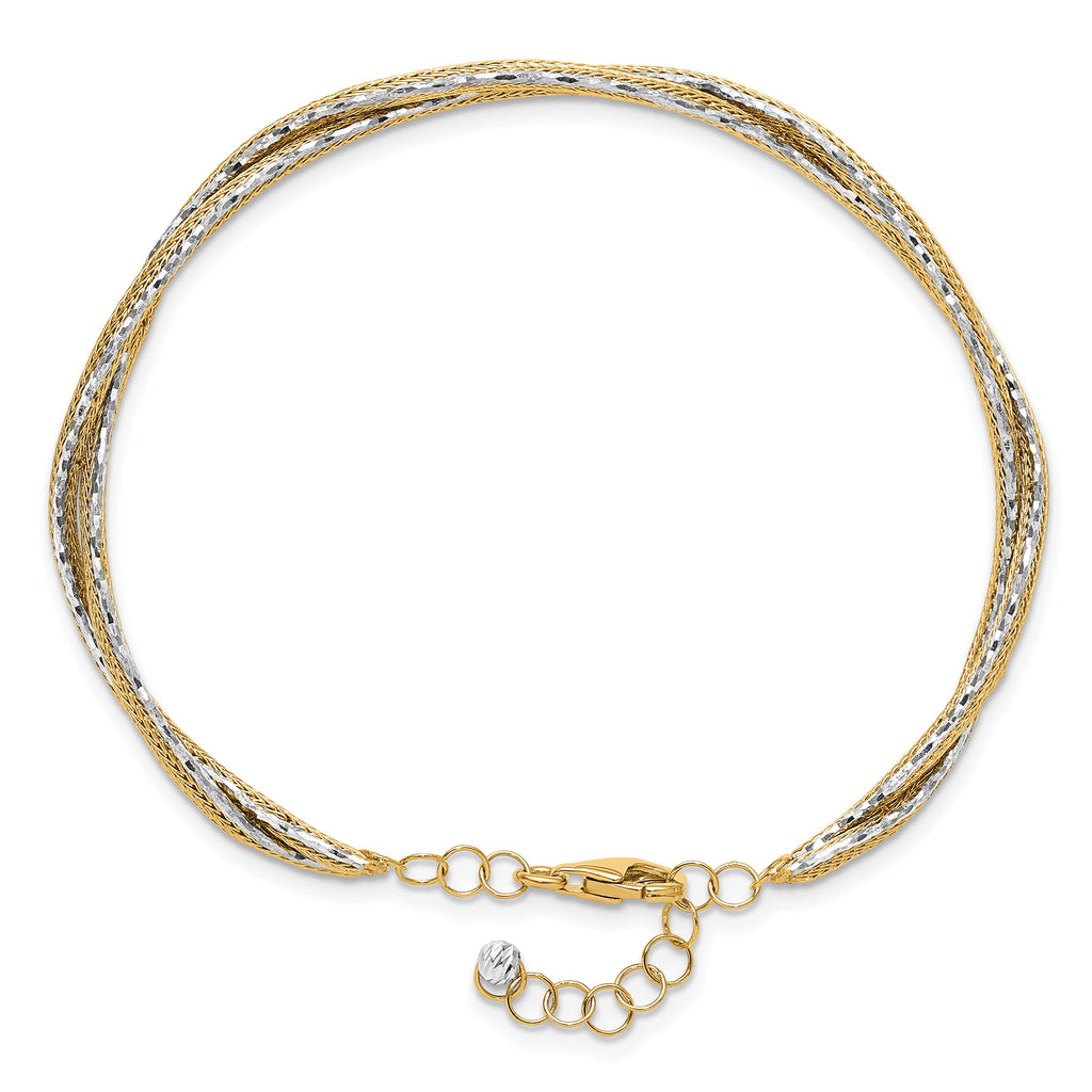 14K Two-tone Diamond-cut and Textured Braided 6.70mm with Safety Chain Flexible Oval Bangle Bracelet