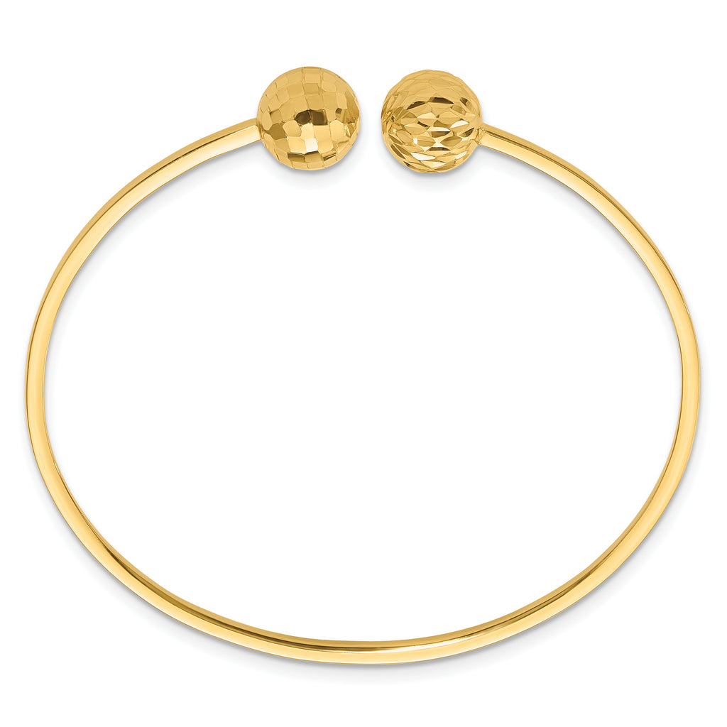 14K Polished and Diamond-cut 10mm Ball 2.00mm Flexible Oval Cuff Bangle Bracelet