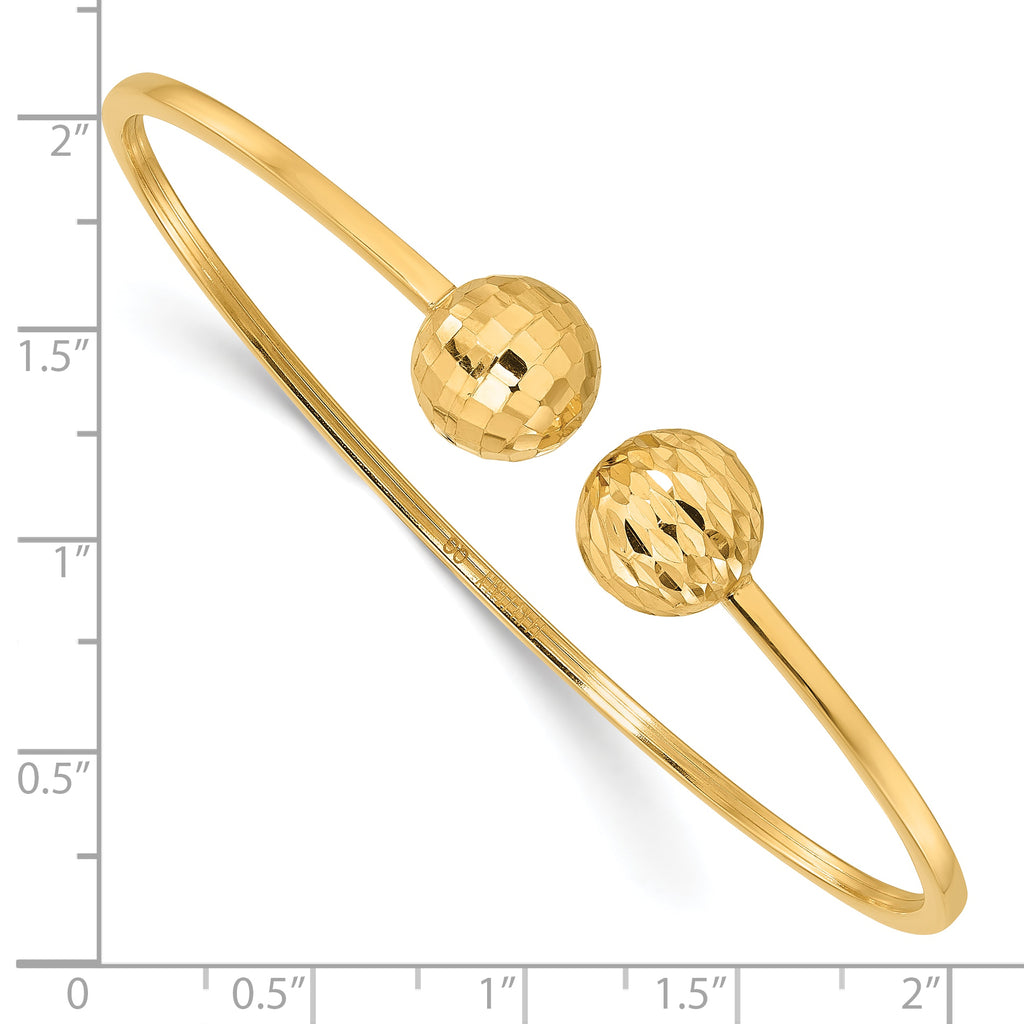 14K Polished and Diamond-cut 10mm Ball 2.00mm Flexible Oval Cuff Bangle Bracelet