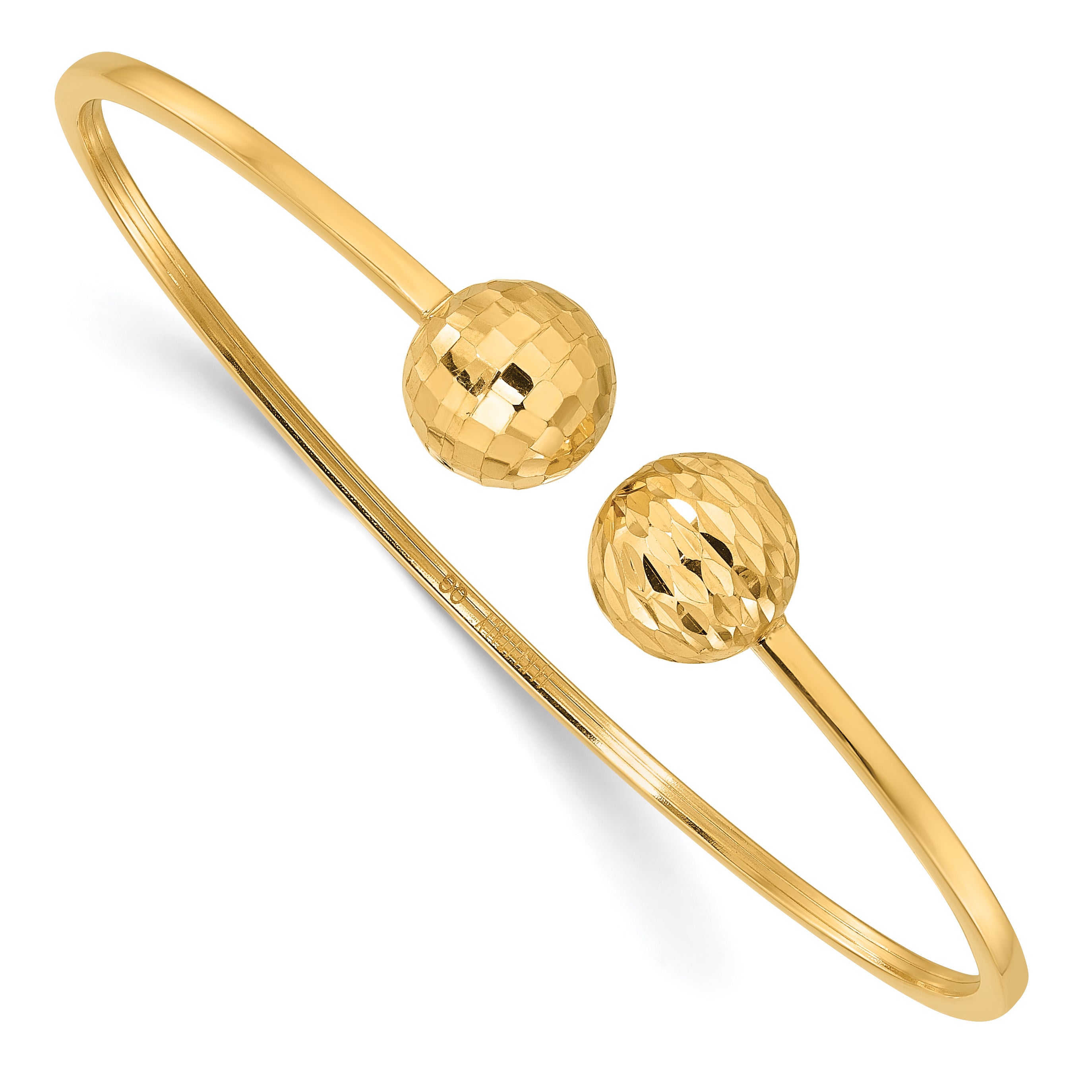 14K Polished and Diamond-cut 10mm Ball 2.00mm Flexible Oval Cuff Bangle Bracelet