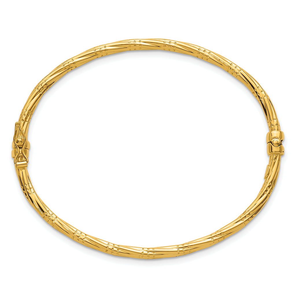 14K Polished and Textured 2.90mm Twisted Hinged Oval Bangle Bracelet