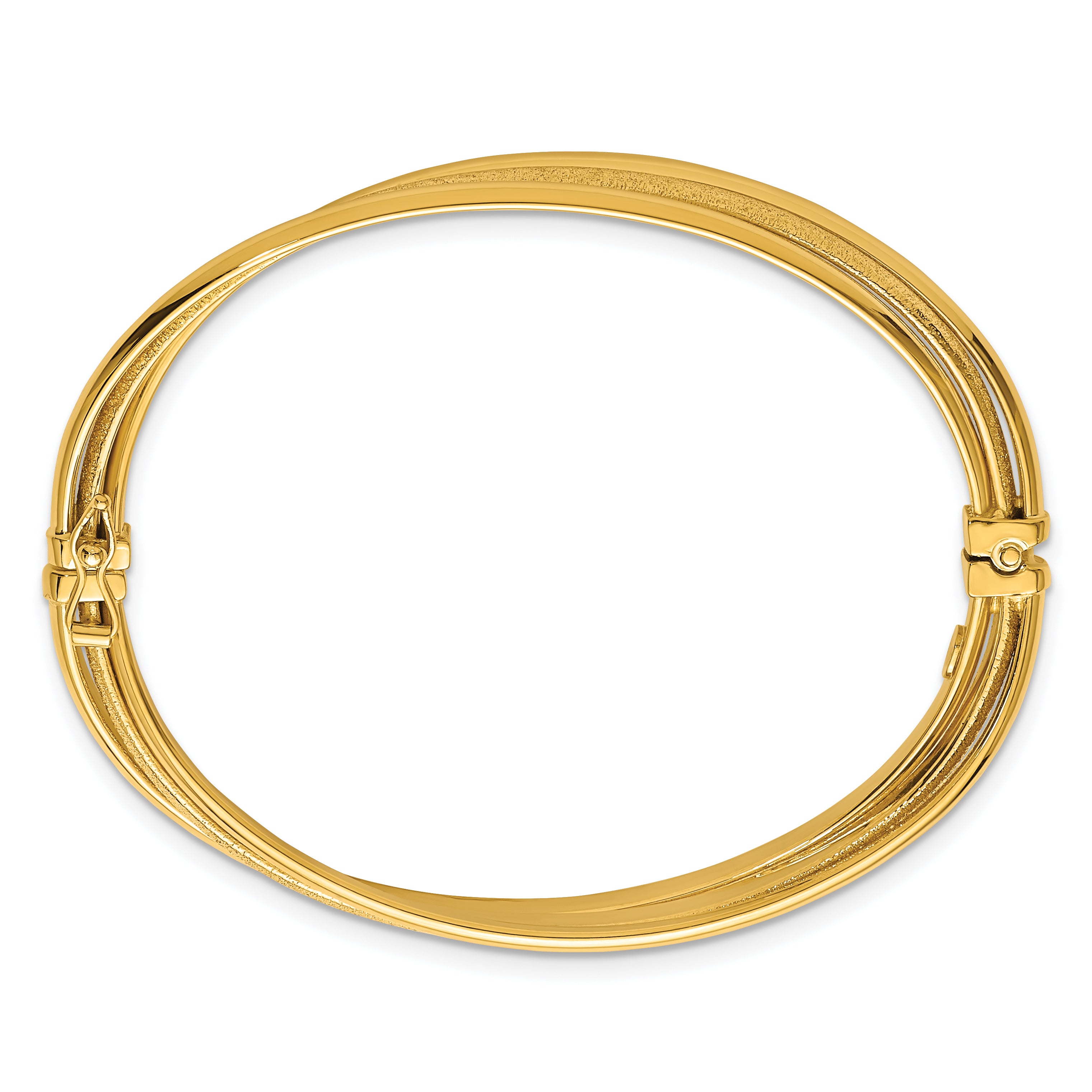 14K Polished and Textured Three-Row Twisted 8.50mm Hinged Oval Bangle Bracelet