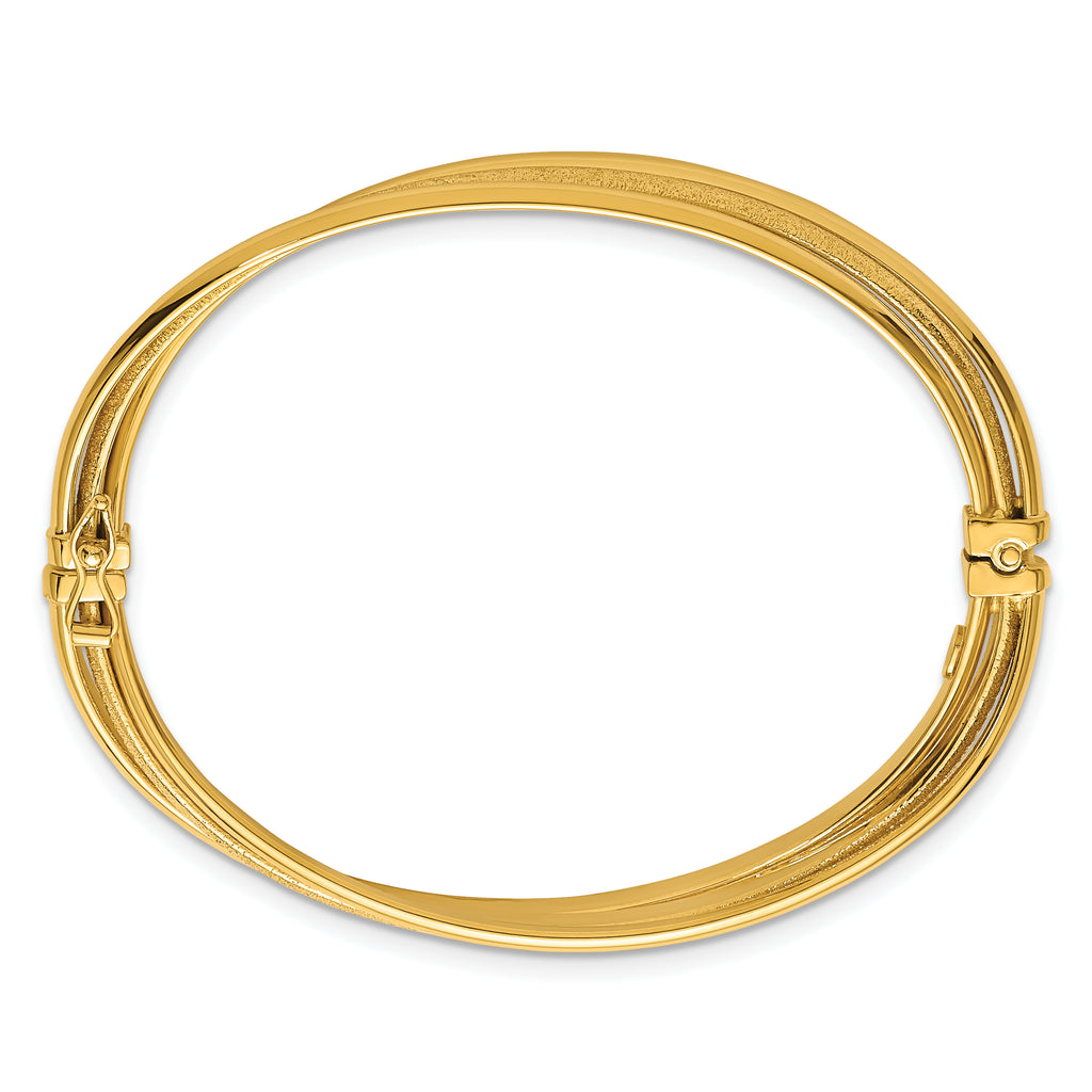 14K Polished and Textured Three-Row Twisted 8.50mm Hinged Oval Bangle Bracelet