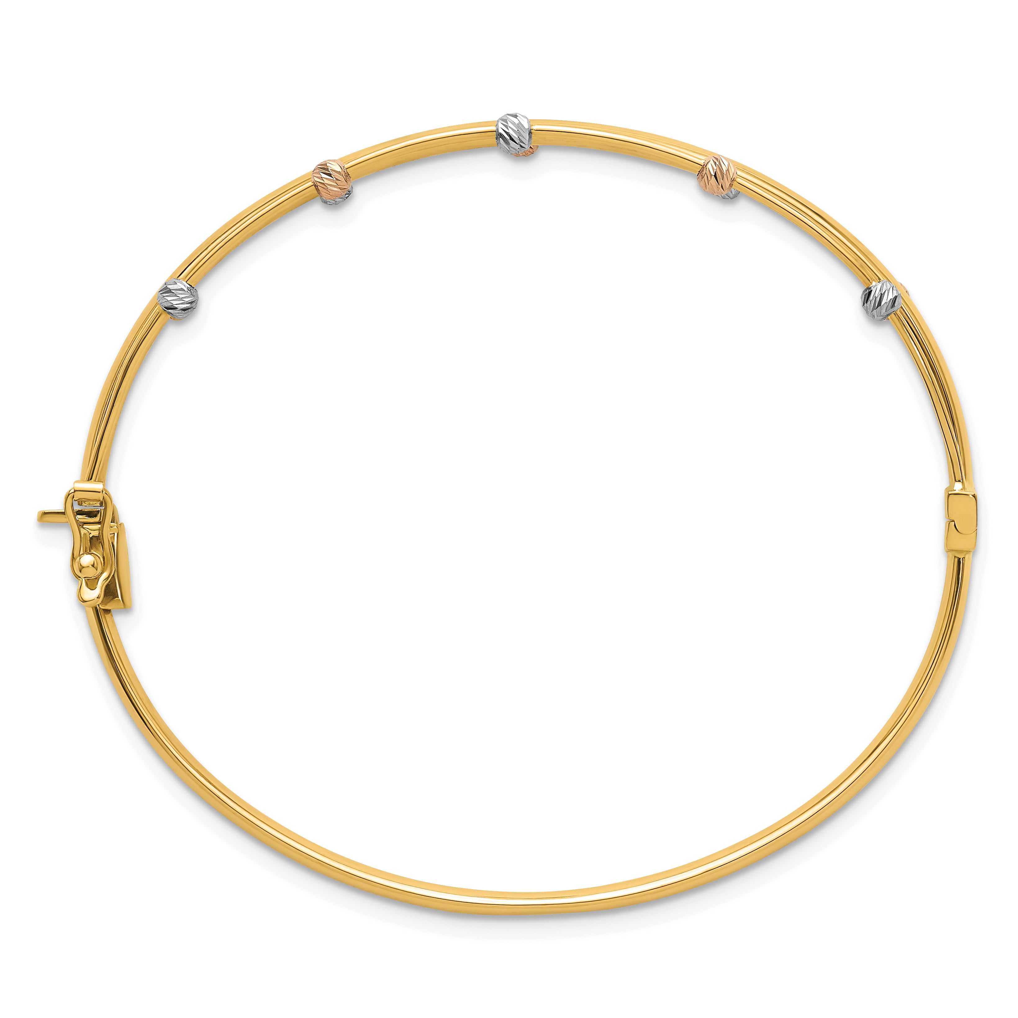 14k Tri-color Polished 3-Row Diamond-cut Beaded Hinged Oval Bangle Bracelet Secondary image