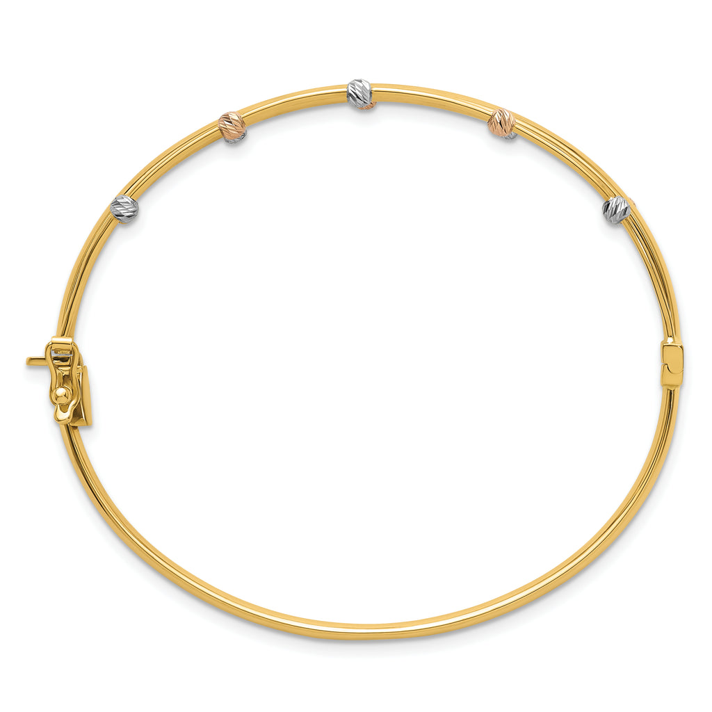 14k Tri-color Polished 3-Row Diamond-cut Beaded Hinged Oval Bangle Bracelet