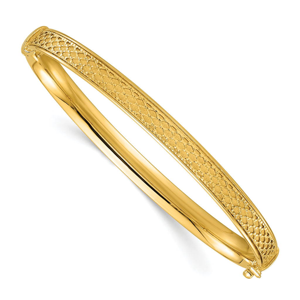 14k Polished Brushed and Textured 6.00mm Hinged Oval Bangle Bracelet