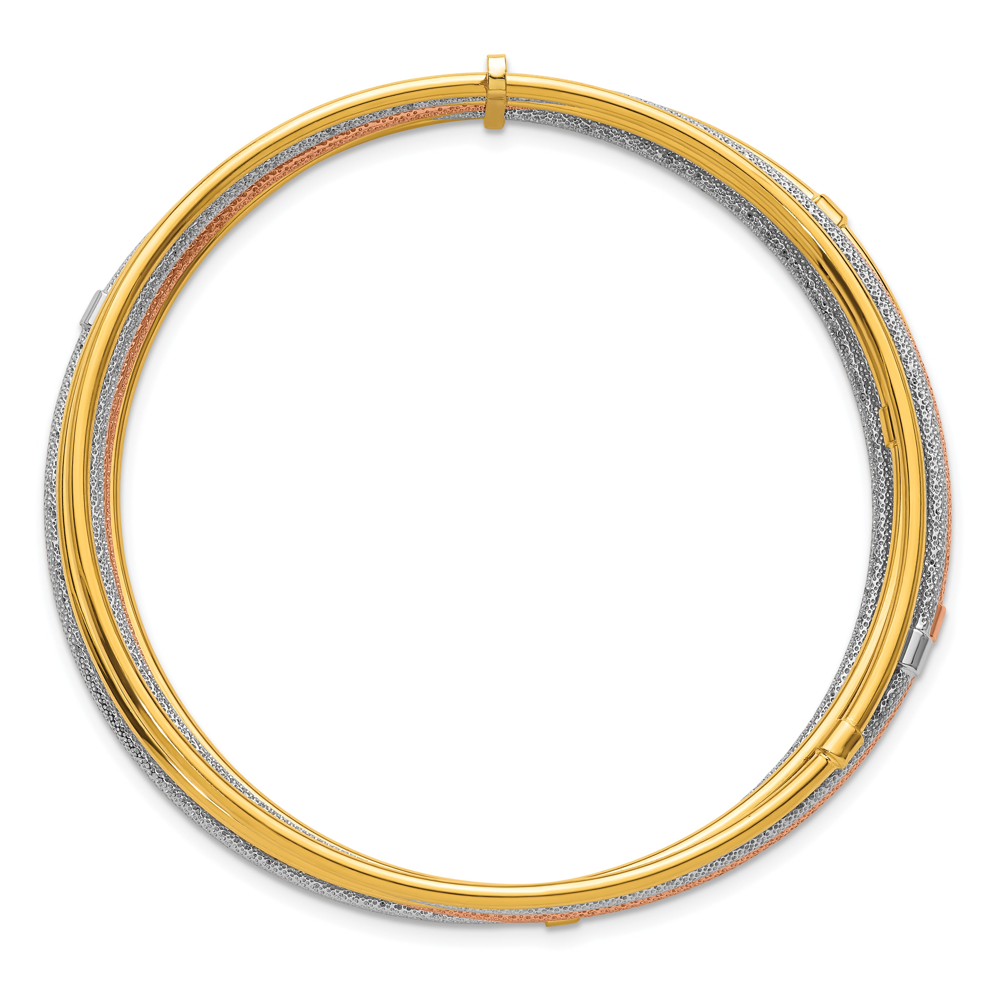 14K with Rose and White Rhodium Polished and Textured Beaded 7-Strand Slip-On Round Bangle Bracelet