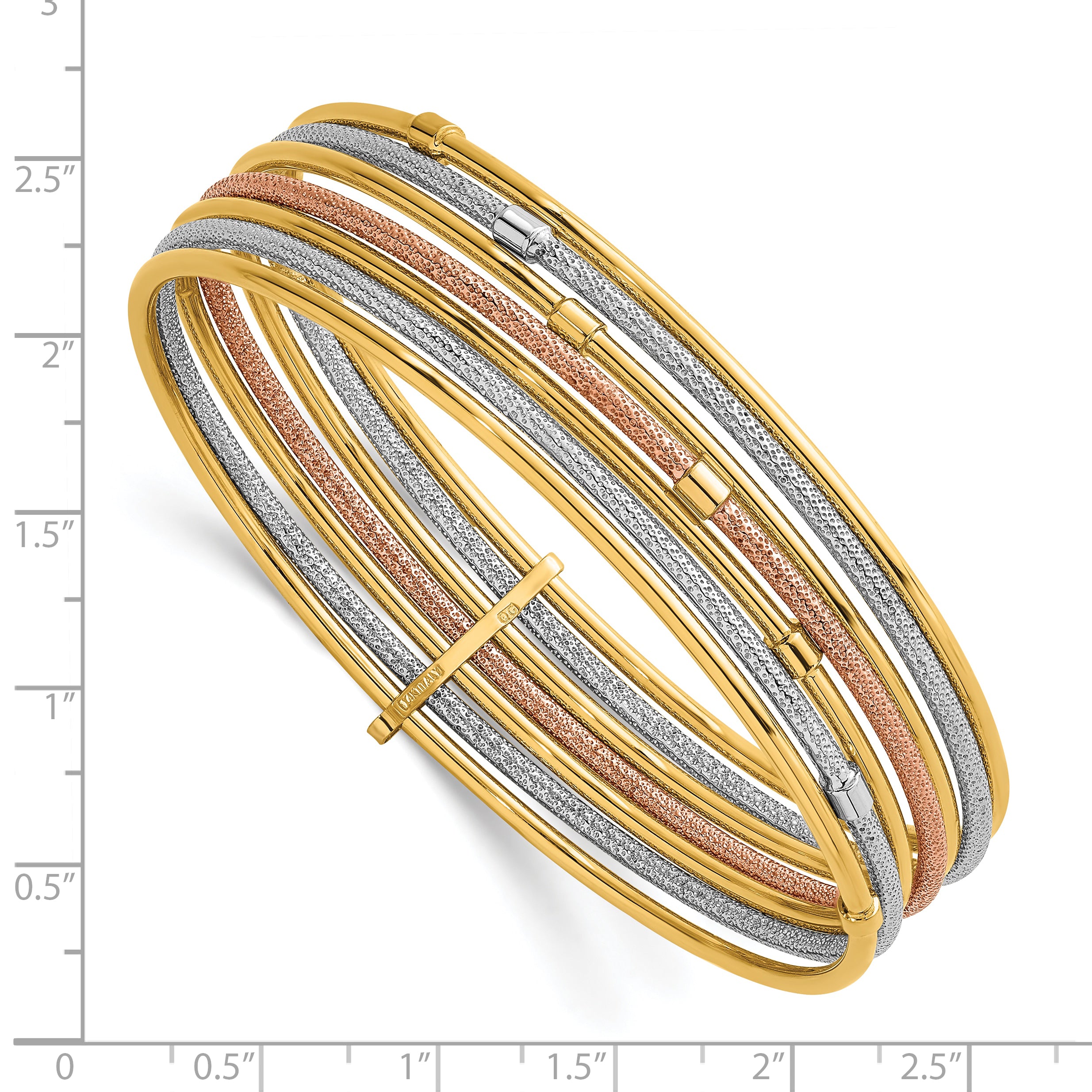 14K with Rose and White Rhodium Polished and Textured Beaded 7-Strand Slip-On Round Bangle Bracelet