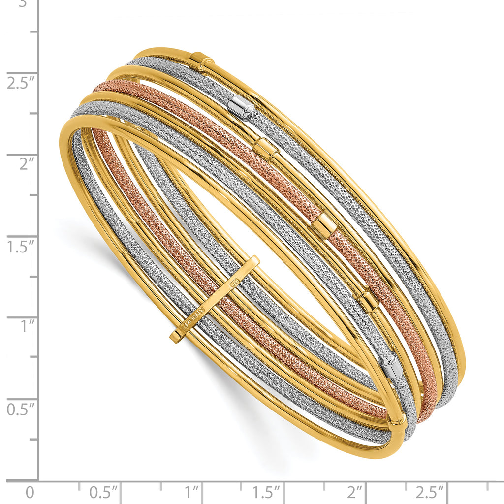 14K with Rose and White Rhodium Polished and Textured Beaded 7-Strand Slip-On Round Bangle Bracelet