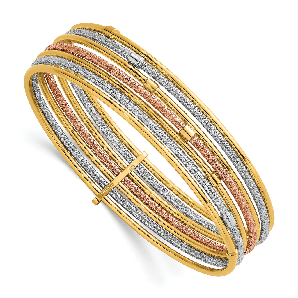14K with Rose and White Rhodium Polished and Textured Beaded 7-Strand Slip-On Round Bangle Bracelet