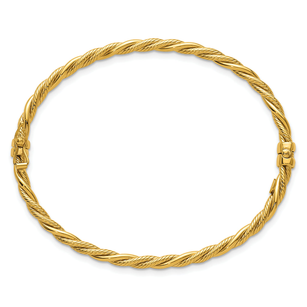 14K Polished and Textured 3.25mm Twisted Hinged Oval Bangle Bracelet