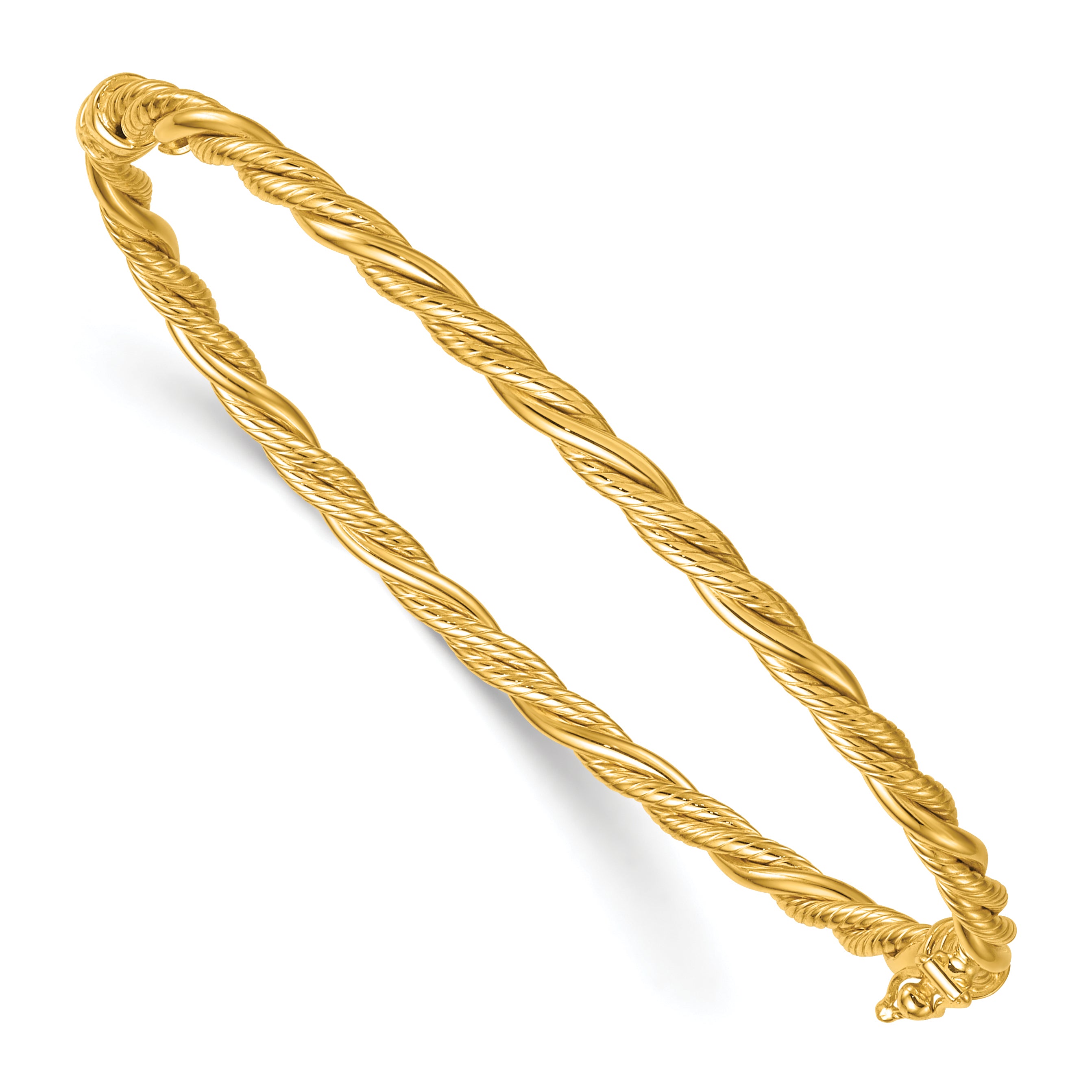 14K Polished and Textured 3.25mm Twisted Hinged Oval Bangle Bracelet