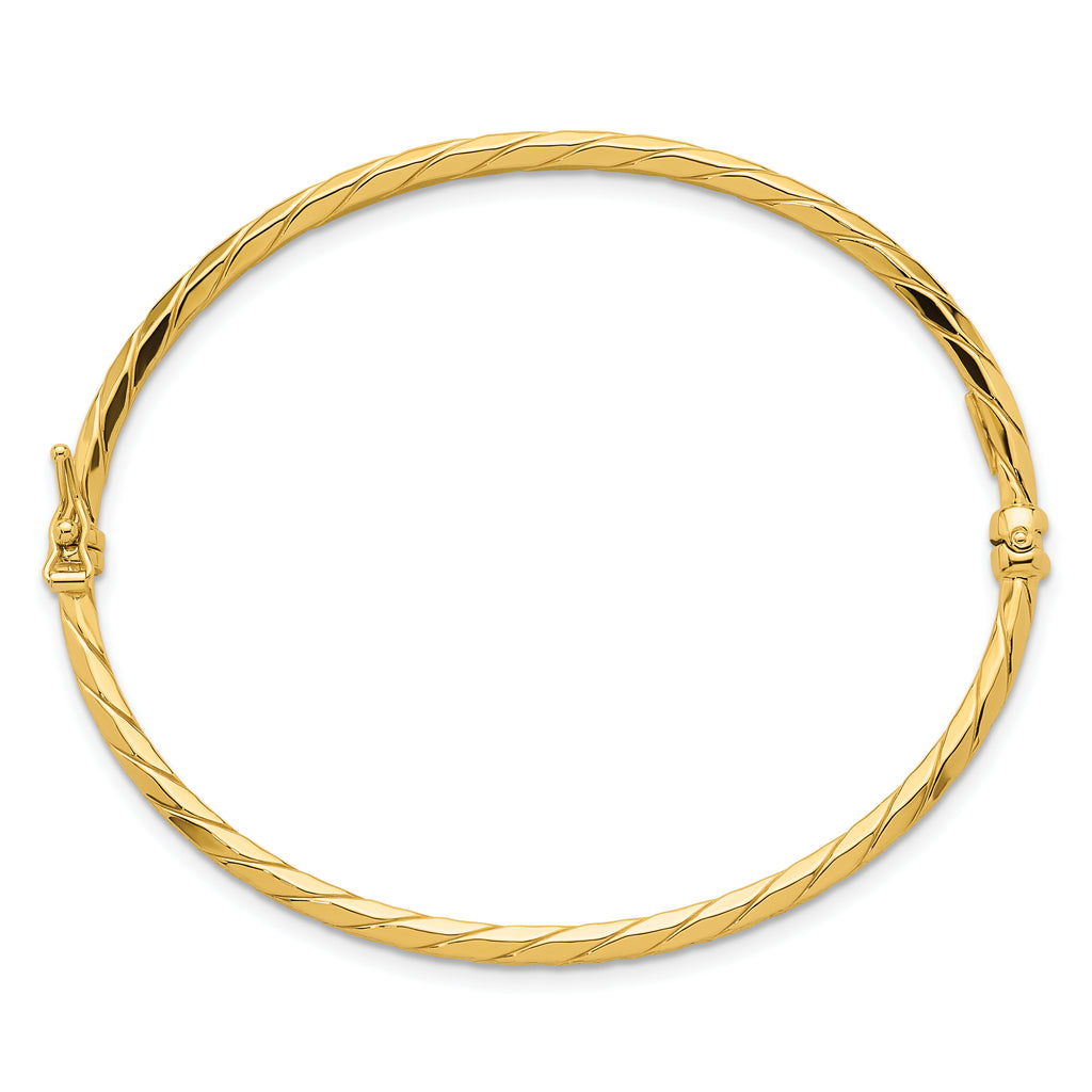 14k Polished and Diamond-cut Twisted 3.00mm Hinged Oval Bangle Bracelet