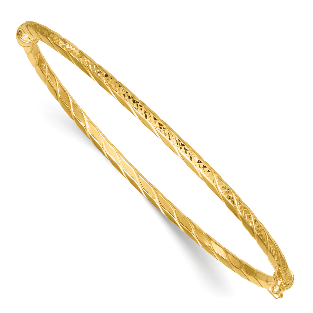 14k Polished and Diamond-cut Twisted 3.00mm Hinged Oval Bangle Bracelet