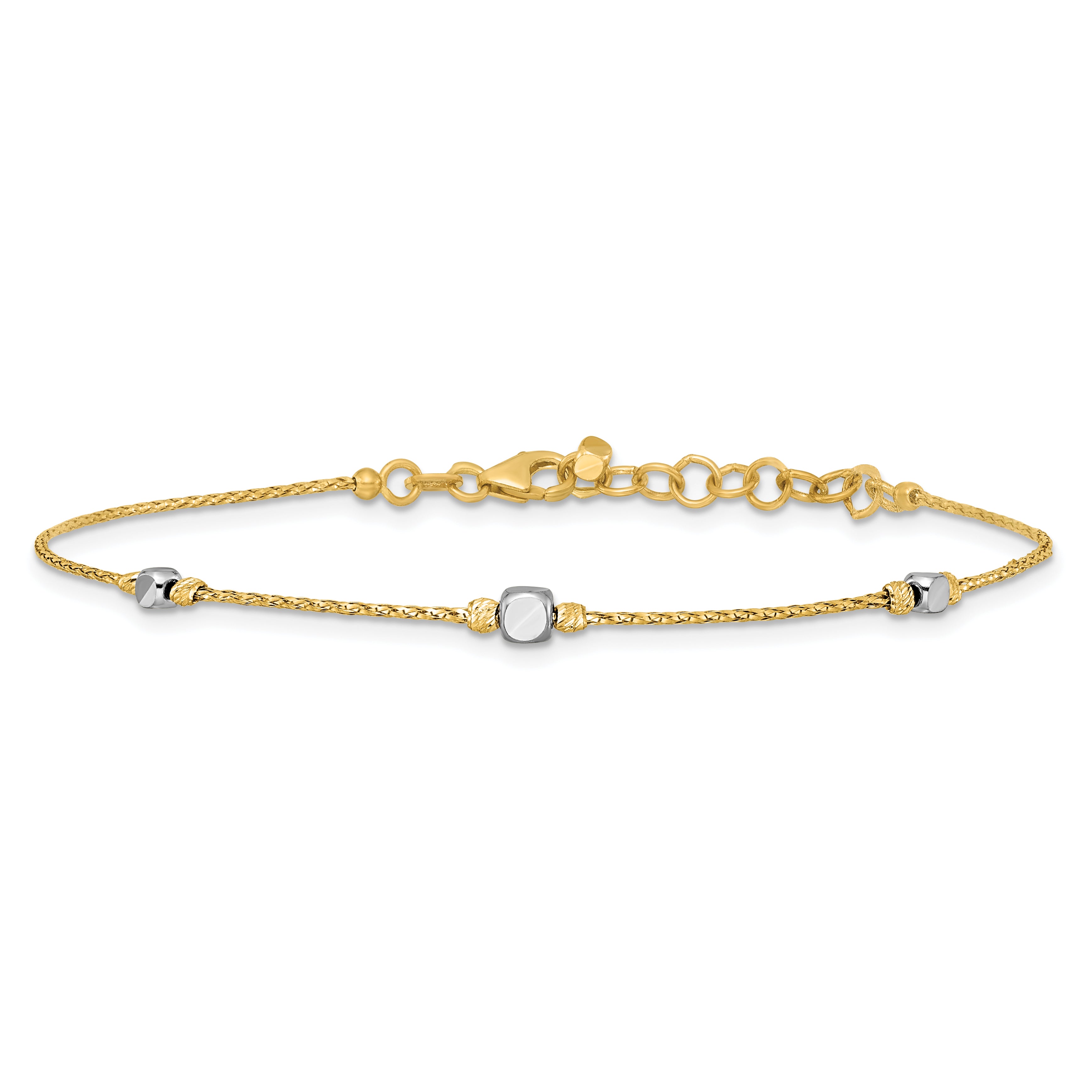 14K Two-Tone Polished Diamond-cut Round and Square Beaded 7 inch Bracelet with 1 inch Extension Secondary image