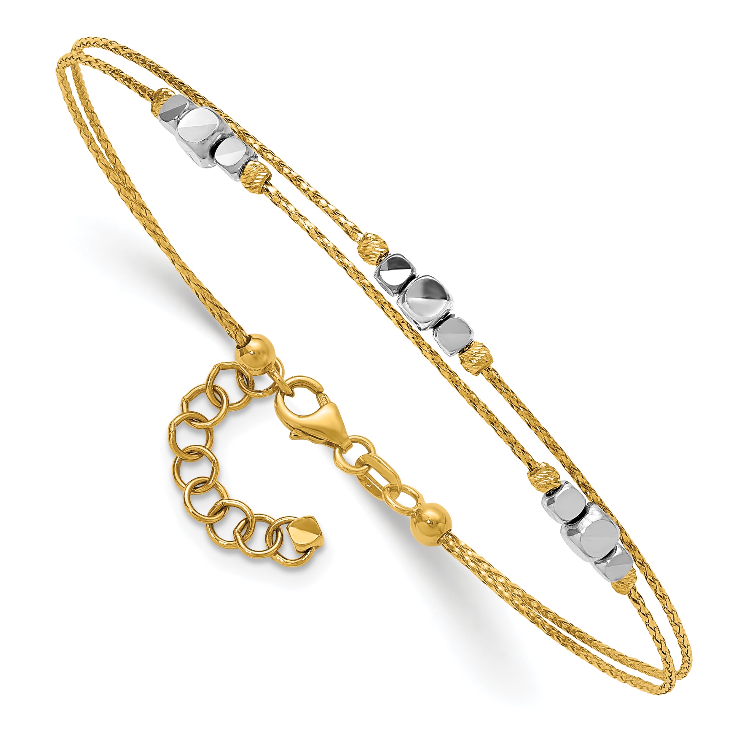 14K Two-Tone Polished Diamond-cut Double Strand Beaded 7 inch Bracelet with 1 inch Extension Main image