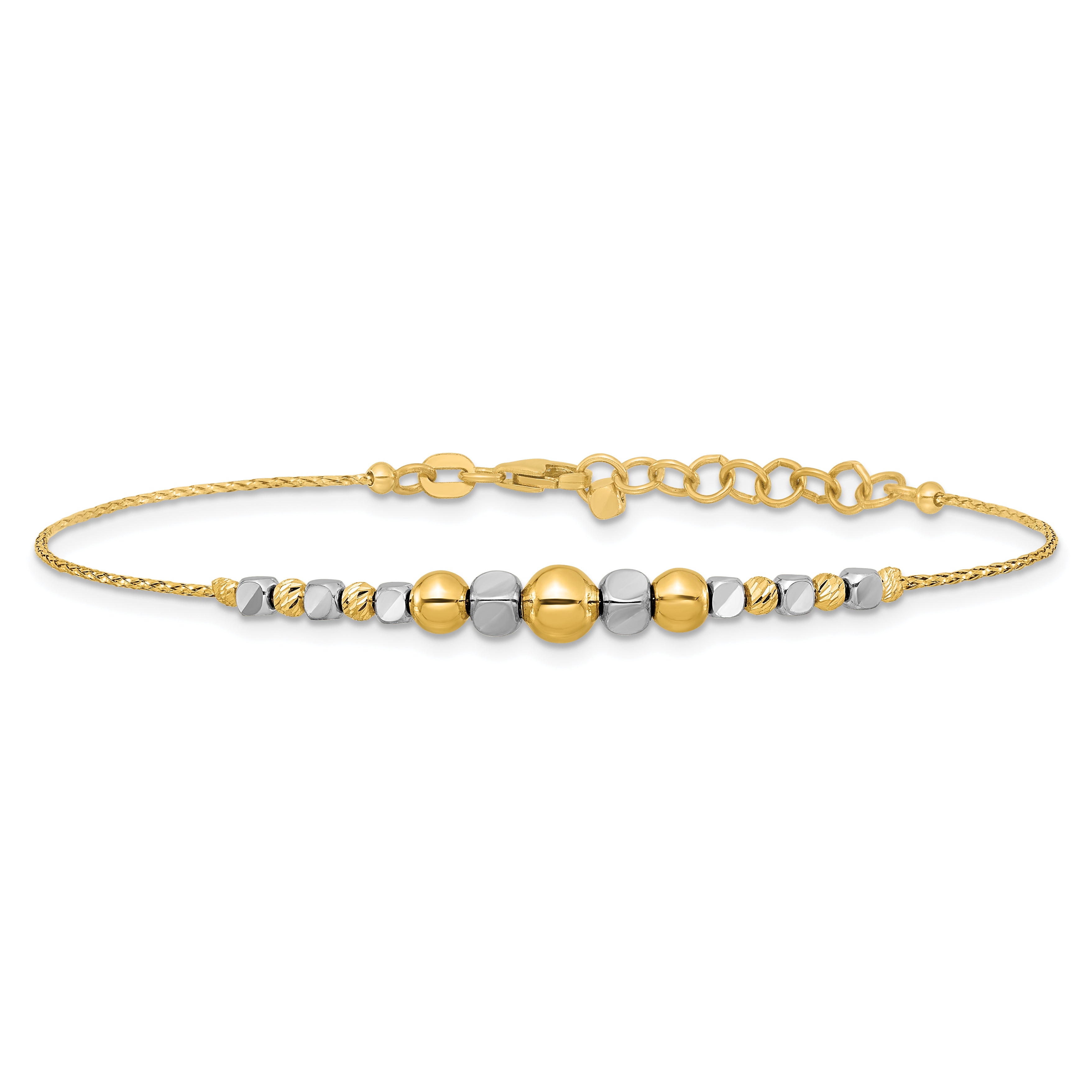 14K Two-Tone Polished Diamond-cut Round and Square Beaded 7 inch Bracelet with 1 inch Extension Secondary image