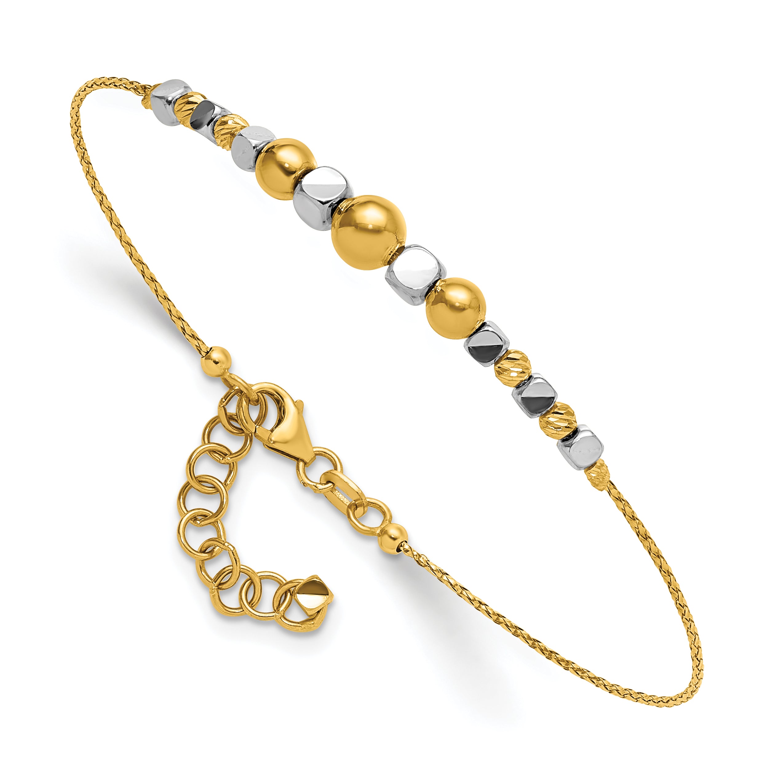 14K Two-Tone Polished Diamond-cut Round and Square Beaded 7 inch Bracelet with 1 inch Extension Main image