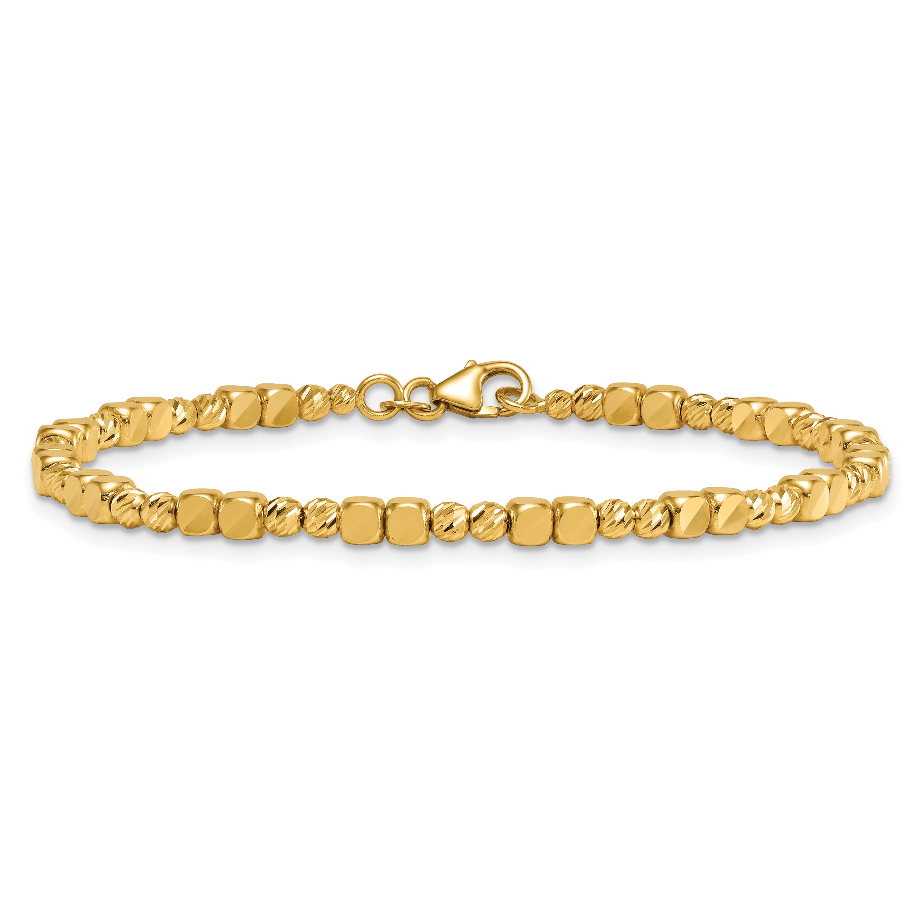14K Polished Diamond-cut and Square Beaded 7 Inch Bracelet