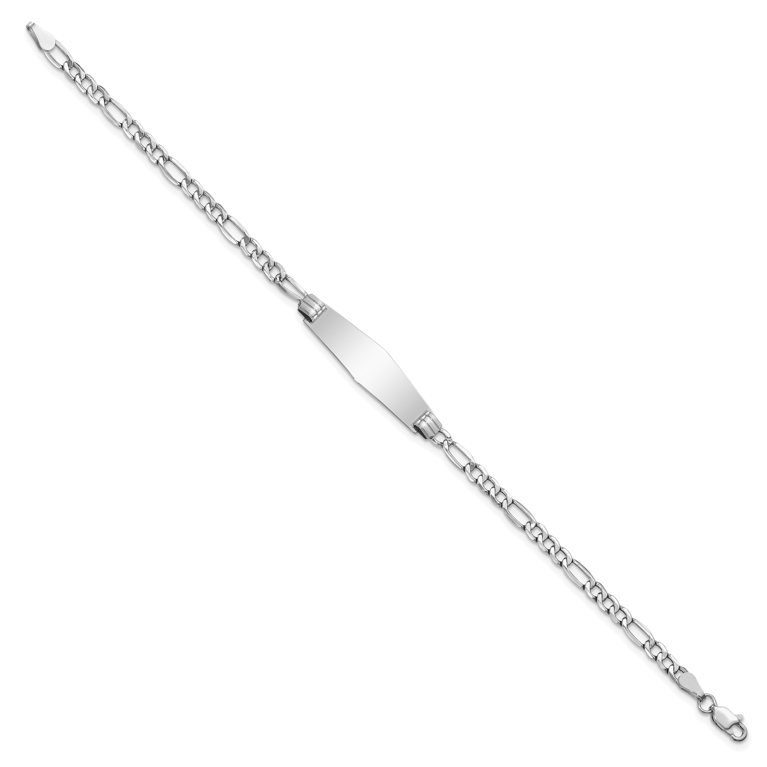 14k White Gold Polished Semi-Solid Chain/Solid Plate Figaro Link Soft Diamond Shape 25.5x7.8mm Plate 8 inch ID Bracelet