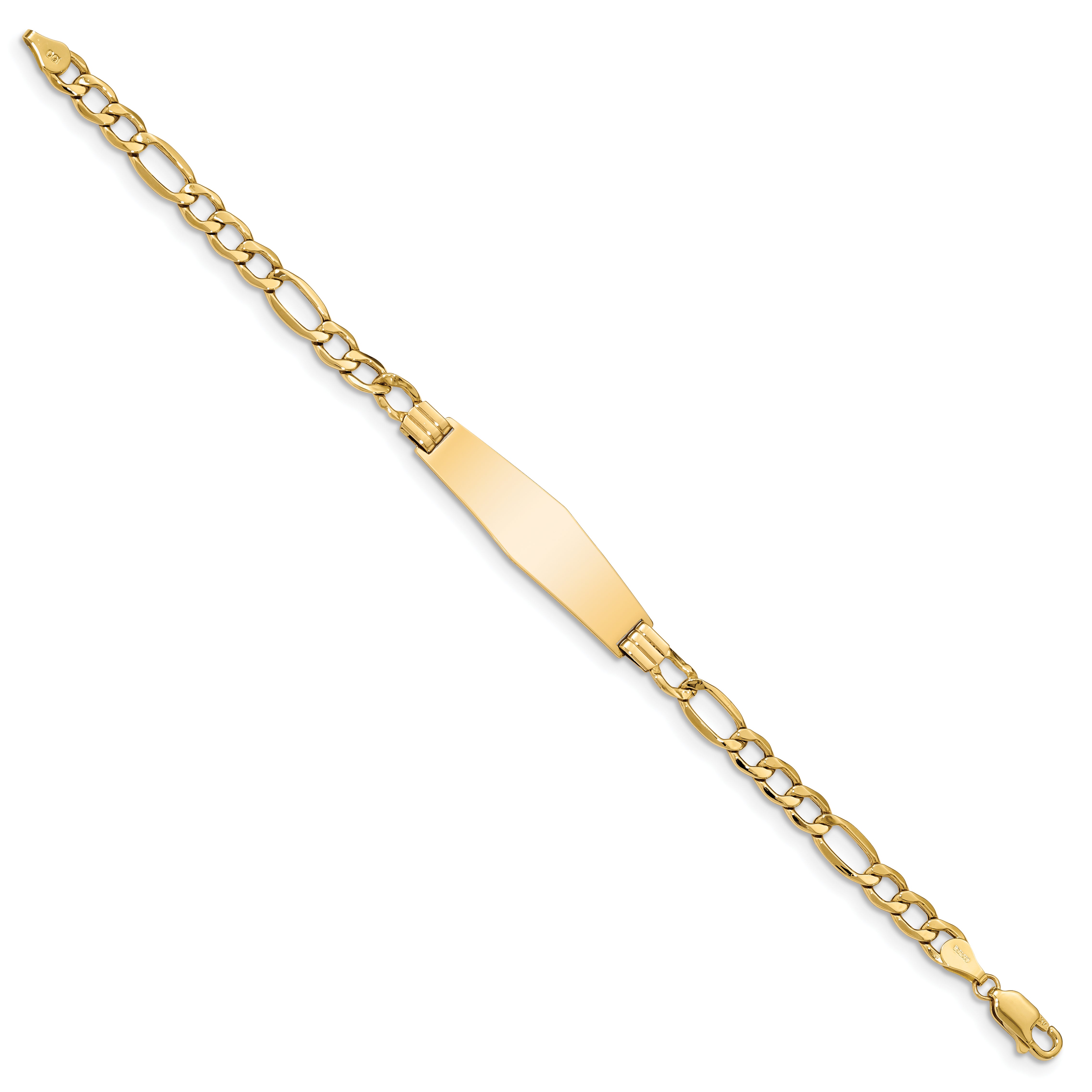 14k Polished Semi-Solid Chain/Solid Plate Figaro Link Soft Diamond Shape 34x10mm Plate 8 inch ID Bracelet