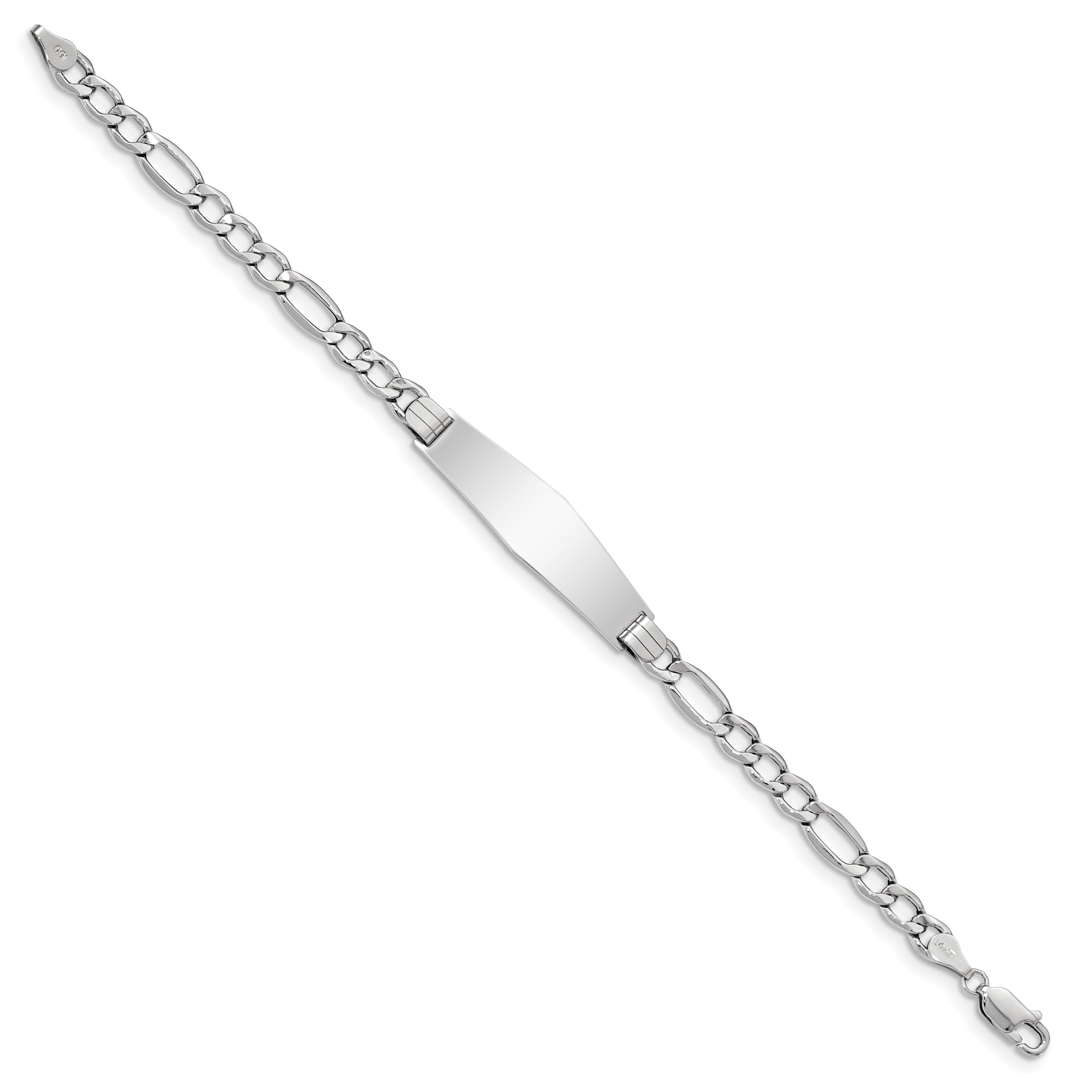 14K White Gold Polished Semi-Solid Chain/Solid Plate Figaro Link Soft Diamond Shape 34x10mm Plate 8 inch ID Bracelet