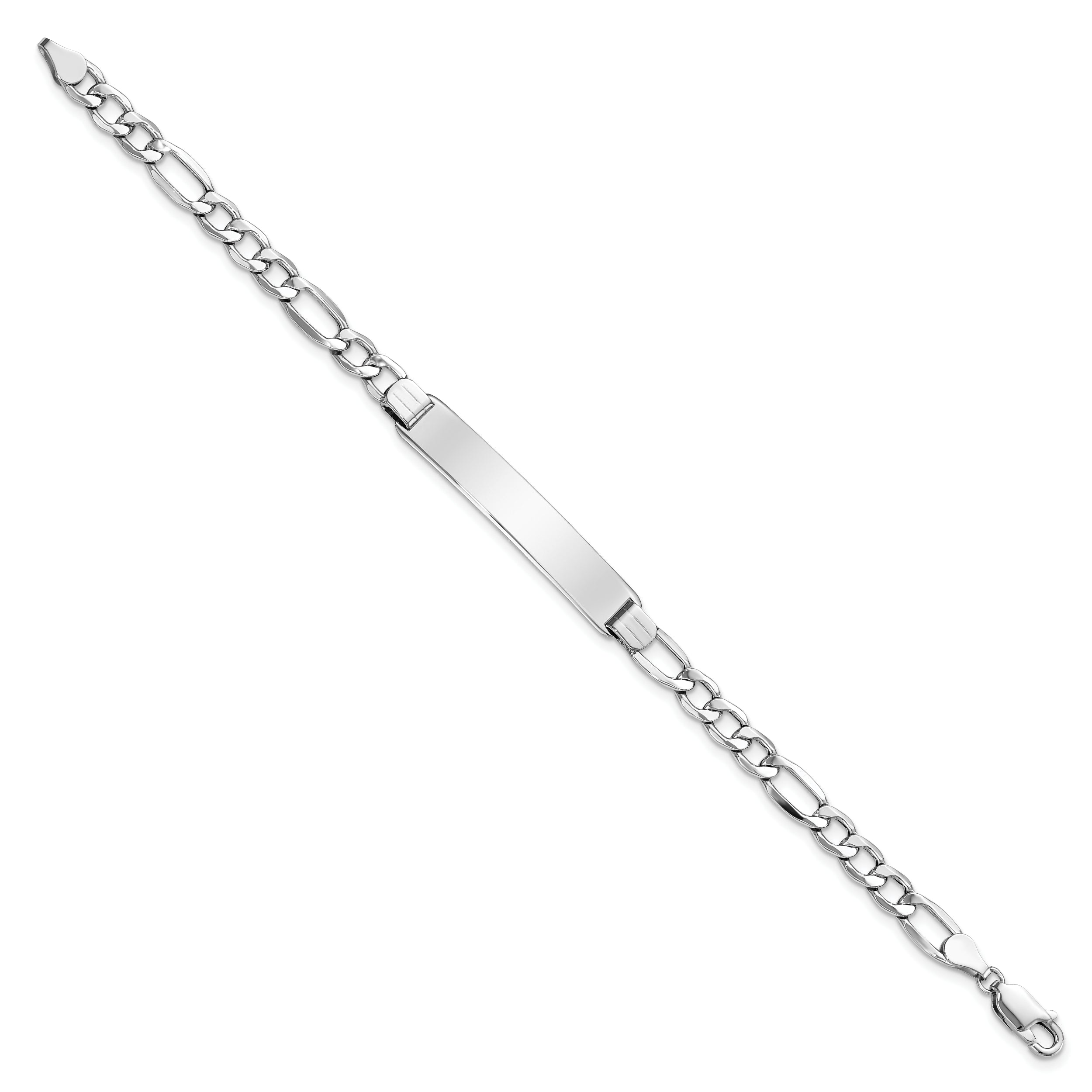 14K White Gold Polished Semi-Solid Chain/Solid Plate Figaro Link 35x7mm Plate 8 inch ID Bracelet