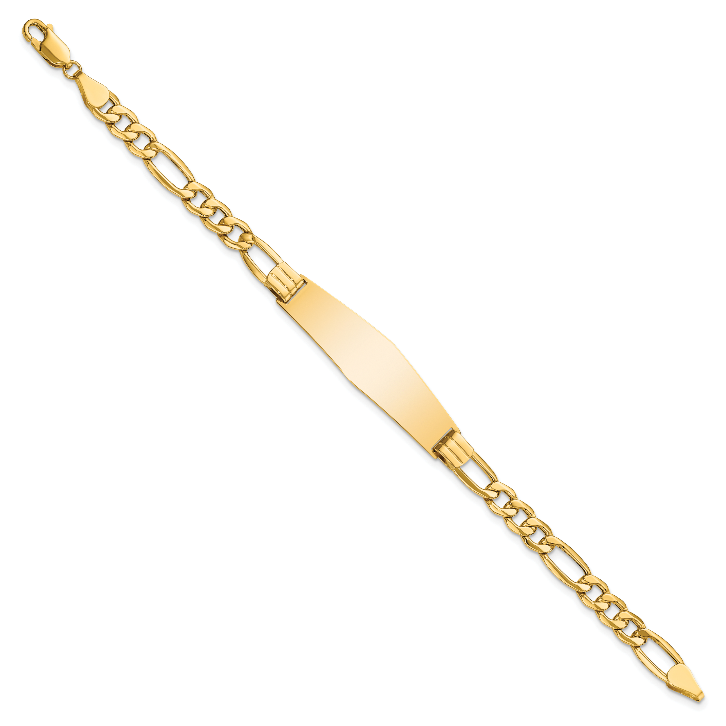 14k Polished Semi-Solid Chain/Solid Plate Figaro Link Soft Diamond Shape 38x11mm Plate 8 inch ID Bracelet